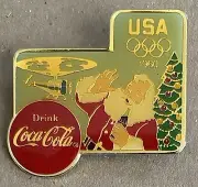 SANTA CLAUS & HELICOPTER DRINK COCA-COLA 1960 USA OLYMPICS PIN