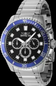 Invicta Men's Pro-Diver Watch 45MM Stainless Case Chrono Black Dial Blue Bezel