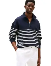 [Tommy Hilfiger] Stripe Half-Zip Relaxed Sweatshirt in Navy