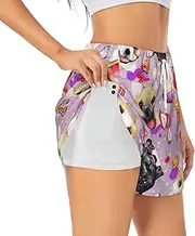 [WURTON] French Little Bulldog Print Exercise Gym Workout Shorts Women's Athletic Shorts Dual-Layered Yoga Running Shorts