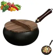 Nonstick Wok Flat Bottom, Wooden Handle Chinese Wok Frying Pan, Handle Gas Cookware Induction Cooker Stir Fry Pan,Healthy Cooking Pot for Home,Restaurant Camping Hotel (26cm with Wooden Cover)