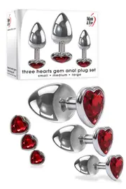 Adam and Eve 3 Piece Red Heart Gem Base Metal Butt Plug Set