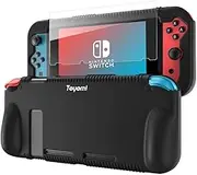 Teyomi Protective Silicone Case for Nintendo Switch, Grip Cover with Tempered Glass Screen Protector, 2 Storage Slots for Game Cards, Shock-Absorption & Anti-Scratch (Black)