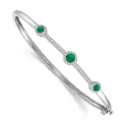 14k 14kt White Solid Gold Diamond & Cabachon Emerald Bangle Bracelet 7 inch