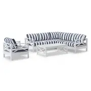 Kansas Package B - Outdoor Aluminium Corner Modular Lounge Set with Arm Chair and Coffee Table White - Navy Stripe