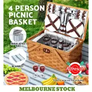 Alfresco 4 Person Picnic Basket Set Wooden Blanket Cooler Bag Outdoor Insulated