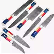 Handmade Damascus Kitchen Knife set 7- pieces Chef Knife Set With Leather Bag
