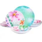 Melamine Dinnerware Set For 4 Modern Dishes Plates Bowls Floral Blue 12 Piece