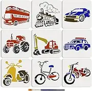 MAYJOYDIY 9Pcs Transportation Cars Drawing Template 15x15cm Reusable Template Bus Tractor Motorcycle Shovel Forklift Bicycle Steam Train Painting Stencil for Painting Wall Home Decor