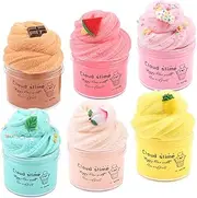 6 Pack Cloud Slime Kit, with Peach Watermelon Mint Leaf Pineapple Candy Cake Chocolate Bar Slime Charm,Soft and Stretchy