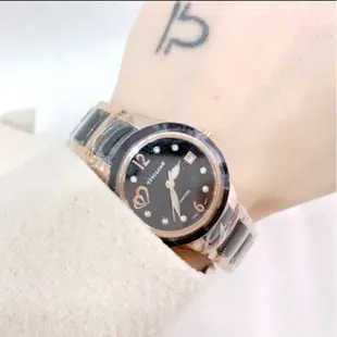 日本TIVOLINA黑色陶瓷玫瑰金不鏽鋼手錶/數字愛心/黑陶瓷錶帶/藍寶石鏡面/特價