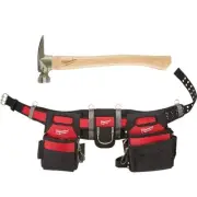 Adjustable Electricians Work Waist Tool Belt with 19 oz. Hickory Framing Hammer