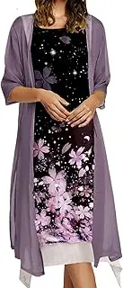 [Honwenle] Women's Two Piece Retro Round Neck Asymmetric Hem Color Block Printed Long Cotton Linen Maxi Dress