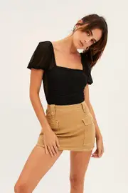 Black Mesh Bodysuit Puff Sleeve Ruched Bodice - Size L, Women's Bodysuit
