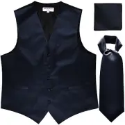 New Men's navy blue formal vest Tuxedo Waistcoat ascot & hankie wedding prom