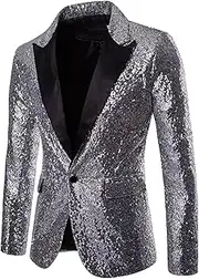 [SWJGLITTR] Men's Sequins Suit Jacket One Button Party Dinner Blazer Coats Shiny Sequin Tuxedo Sport Coat, Silvery, Large