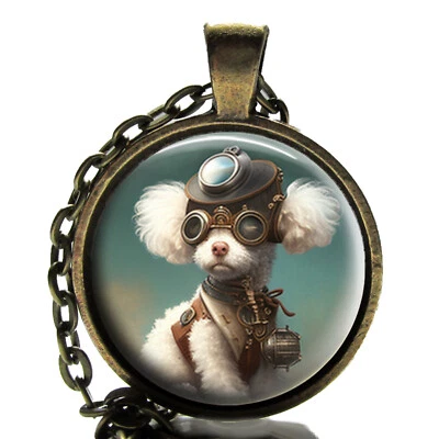 Steampunk Poodle Puppy Dog Glass Top Pendant Necklace Handcrafted Photo Jewelry