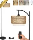 Arc Floor Lamp Living Room 3 Color Dimmable Remote Rattan Shade