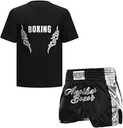 [inhzoy] Kids Boys Boxing Outfit with Short Sleeve T-shirt Sequin Applique, Metallic Letter Embroidery Boxer Shorts