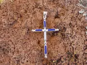 Cross Religious Double Sided Pendant Sterling 925 Mixed Stone Lapis & Opal U11