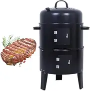 3 in 1 Multi Function Charcoal Barbecue, Barbecue Smoker Grill Oven with Hooks, Built-in Thermostat & Adjustable Vents, Round Cooking Oven for Garden Camping Outdoor Cooking