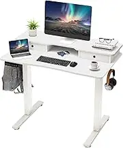 Giantex Electric Standing Desk w/ 2 Drawers, 100 x 60 cm Height Adjustable Stand Up Desk w/Monitor Stand, Home Office Sit Stand Computer Desk w/Storage Shelf, 2 Hanging Hooks, 3 Preset Heights