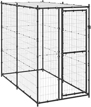 Outdoor Dog Kennel Steel with Roof 110x220x180 cm - Durable, Weather-Resistant Canopy, Secure Lock, Powder-Coated Steel, Black & Silver Mesh Design