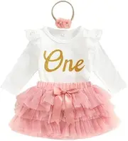 [Fluff + Buff] Baby Girl First 1st Birthday Cake Smash 3 Piece Outfit Set - Onesie + Tulle Skirt + Headband