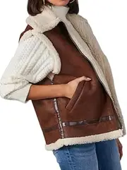 [Mywinway] Womens Suede Sherpa Leather Vest Jacket 2025 Fall Winter Zip Up Sleeveless Lambswool Fur Warm Coat