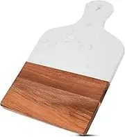 Coloch Marble and Acacia Wood Cutting Board with Handle, White Charcuterie Chopping Board, Solid Serving Board Tray for Cheese, Steak, Fruit, Bread, 13 x 8.5 Inch