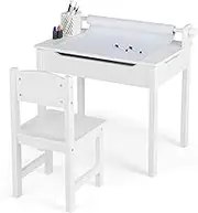 HONEY JOY Kids Table and Chairs Set, Activity Desk and Chair for Children w/Paper Roll Holder & 2 Markers, Boys Girls Art and Crafts Table Set w/Storage Space for Drawing Studying Playing, White