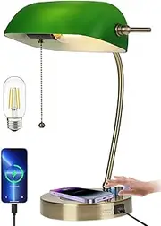 Newrays Bankers Green Glass Desk Lamp with Wireless Charger, USB Charging Port for Home Office, Infinitely Dimmable Table Lamp, LED Bulbs Included