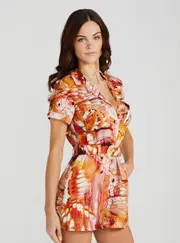 GUESS Women's Eco Orange Butterfly Print Cindy Linen Romper Size: Small