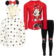 [Disney] Minnie Mouse Pullover Fleece Hoodie Graphic T-Shirt and Leggings 3 Piece Outfit Set Infant to Big Kid, Black/Red/White