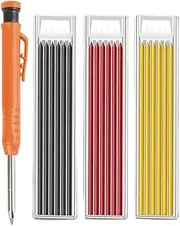 CAASFOOY Deep Hole Marker Pencil.Construction Site Carpenters Pencil Set Metal Carpenters Pencils with 18 Pencil Leads Construction Site Pen for Carpenters(black + red + yellow)