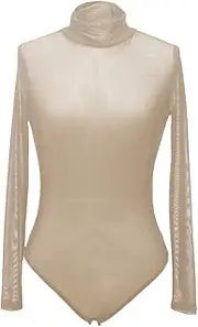 [Fuyingda] Tops Jumpsuit Ladies Mesh Leotard Perspective Long Sleeve High Collar Sexy Leotard