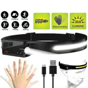 COB LED Motion Sensor Head Torch Headlight USB Rechargeable Headlamp Work Light