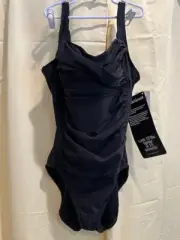 Miraclesuit Sz 10 classic-styling shirred front black 1-piece swimsuit (409887)