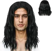 15 Inch Men Wigs, High Temperature Silk Wavy Long Black Wig for Cosplay Party Costume Fancy Dress Mens Wig