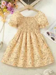 Sweet Yellow Floral Toddler Girls Dress for Spring Summer 1 to 2 Yrs