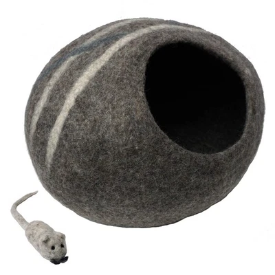 Handmade 100% Wool Felt Cat Cave Bed for Pets up to 15 lbs | Free Toy Mouse