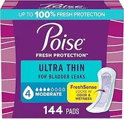 Poise Ultra Thin Incontinence Pads for Women, Moderate Absorbency, Regular Length, 144 Count (3 Packs of 48) (Packaging May Vary)