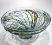 HAND BLOWN GLASS BOWL/TABLE CENTERPIECE, RAINBOW COLORS, CANES, DIRWOOD n3982
