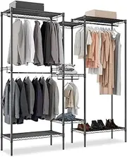 [MoNiBloom] Clothes Rack for Hanging Clothes, 7 Tires Storage Shelves 66 Inch Portable Clothes Rack, Wide Garment Rack Adjustable Shelves with 4 Hang Rods, Compact Freestanding Closet Wardrobe