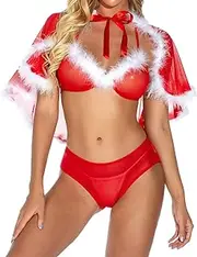 [Generic] Womens Christmas Lingerie Santa Lingerie Red Halter V Neck Lace Set Plus Lingerie Set for Women Plus Size