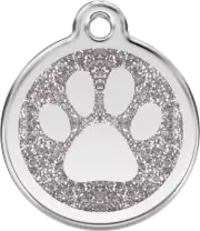 Red Dingo Glitter Paw Print Tag Silver - Lifetime Guarantee - Cat, Dog, Pet ID T