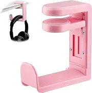 Headphone Stand Hanger, 360° Swivel Adjustable Headset Desk Hook, Rotating Stand with Spring Clamp, Under Desk Storage Hooks for Gaming Headsets, Controllers & Cables, Space Saving Table Hook(Pink)