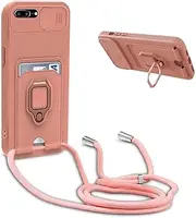 BGHHEU Mobile Phone Chain Protective Case, Compatible with iPhone 8 Plus/7 Plus/6 Plus, Mobile Phone Case with Band, Sliding Camera Protection, 360 Degree Ring Holder Stand, Card Slot, Adjustable Silicone Necklace Case – Pink