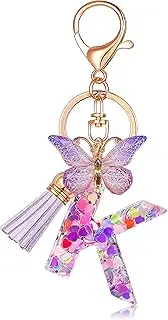 [JINGUAZI] Initial letter Keychains for Women Tassel Butterfly Pink Purple Cute Car Keychain for Wallet Backpack bag charm