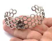 Bee Honey Comb Bracelet Cuff Antique Silver brass 55mm inner size 4896